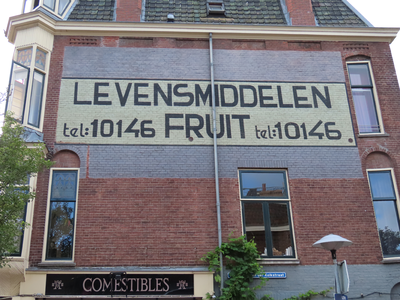850617 Gezicht op de grote muurreclame 'LEVENSMIDDELEN - FRUIT - tel: 10146', op de zijgevel van het pand ...
